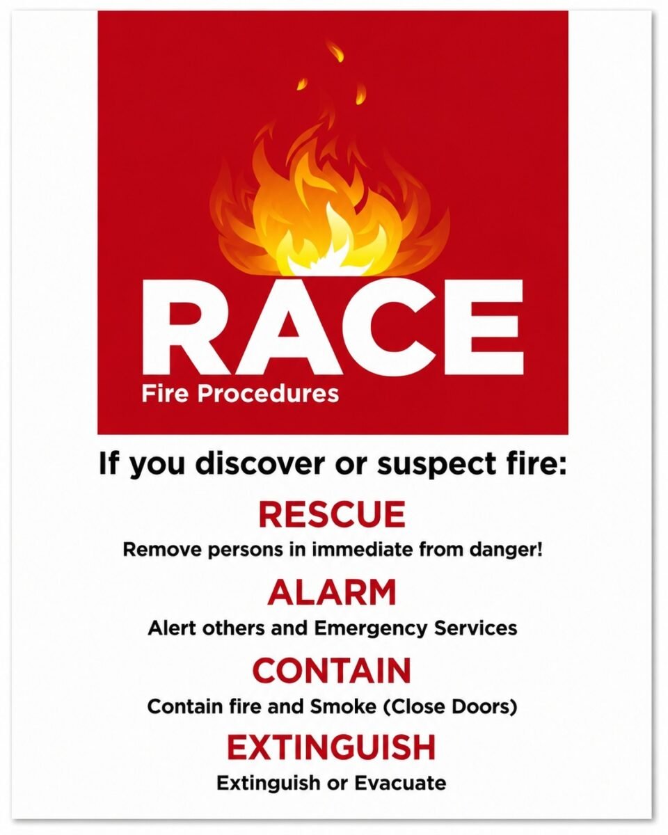 RACE Fire Safety Procedure Sign
